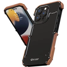 For iPhone 15 14 13 12 Pro Max Heavy Duty Aluminum Metal Wood Bumper Case Cover