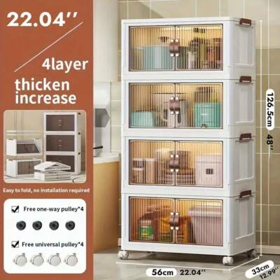 1pc 4 - Layer Foldable Stackable Storage Cabinet with Doors & Wheels for Bedroom