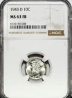 1943 D NGC MS 63 FB Mercury Silver Dime ☆☆ Great For Sets ☆☆ 008