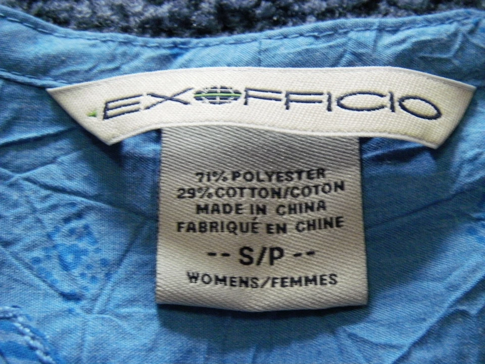 Exofficio Top Tunic Women S Blue Floral Tie Neck Roll Tab Sleeve - Image 2 of 4