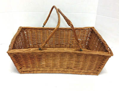 VINTAGE Basket 2 handles rectangle wicker brown storage picnic