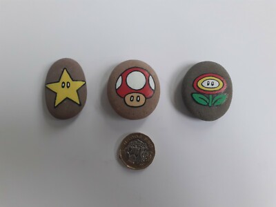 3 handbemalte Kieselsteine/Steine - Super Mario Power Ups