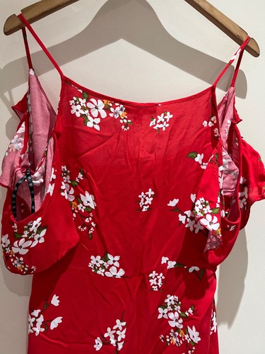 Missguided Dress Size 14 New Red Floral Wrap Cold Shoulder Fit Flare Occasion - Picture 8 of 10