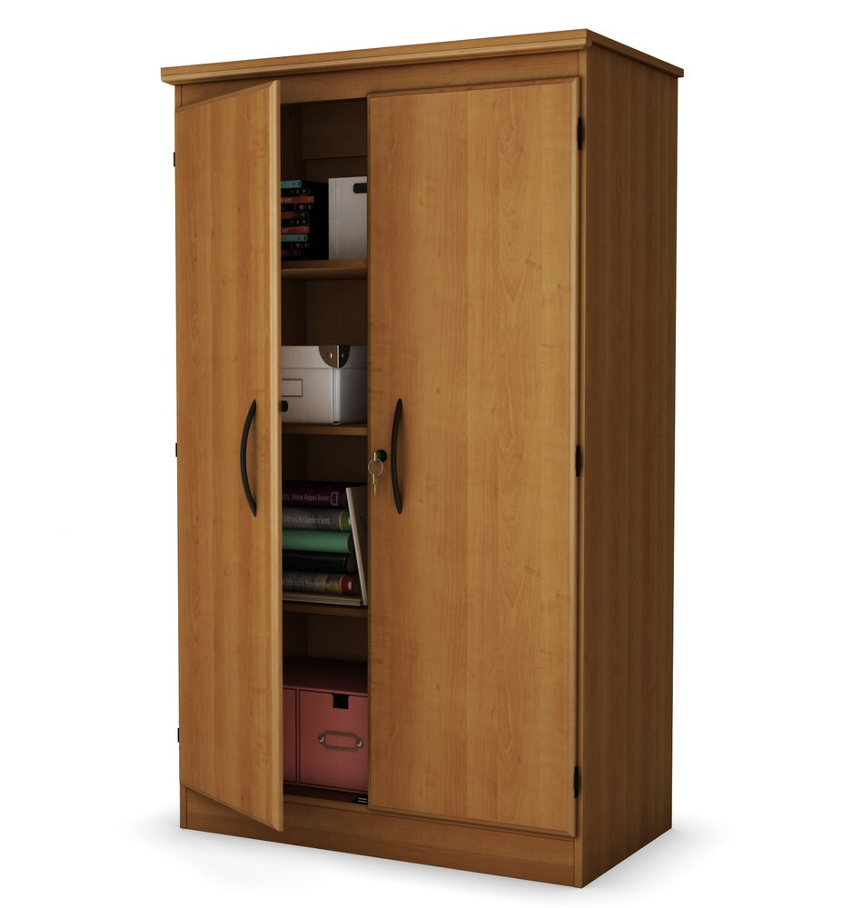South Shore Morgan 2-Door Lockable Storage Cabinet Brown Wood 4 Shelves