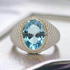 Aquamarine Oval Cut Gemstone With 925 Sterling Silver Ring For Men's #217 *