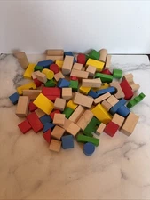 Lupo Toys Wooden Beech Wood Natual & Colored Building Blocks & Storage Bag 94 Pc