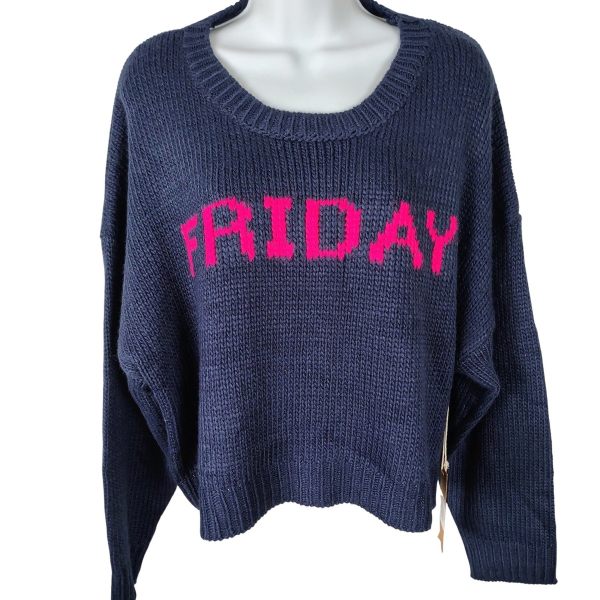 Dreamers By Debut Friday Graphic Knit Sweater Navy Blue Pink XL 