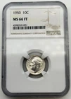 1950-P Roosevelt Silver Dime 10C NGC MS66 FT Full Torch US 90% Coin Toned  BM1