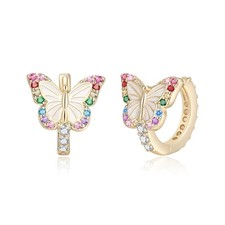 Butterfly Earrings for Girls Women, Hypoallergenic Colorful CZ 14K Gold Plated B