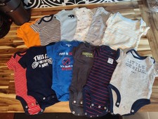Lot Of 12 Newborn Baby Boy One Piece Bodysuits, Stripes, Cute and Funny Graphics