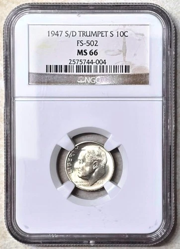 1947 S/D Roosevelt Dime, NGC MS 66, FS-502 Trumpet "S",  TOP POP