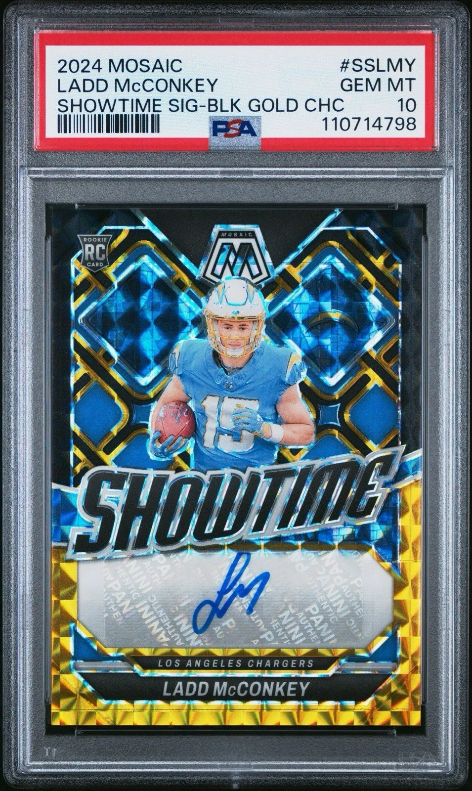Ladd McConkey Panini Mosaic Showtime Signatures #SSLMY Black Gold Choice