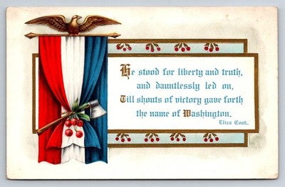 George Washington Birthday Postcard Whitney Made Embossed Eagle Cherry Hatchet