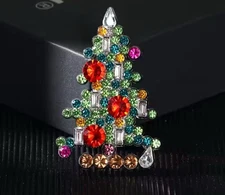 Christmas Tree Pin Color Cubic Zirconia Green Red Clear Stones Coat Hat Gift NEW