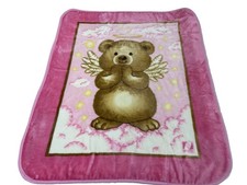 Vintage Novatex Baby Blanket Rose Pink Angel Bear Stars Cobertor Infantil