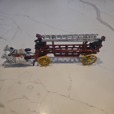 Vintage Cast Iron 2 Horses Drawn Fire Dept Carriage Hook and Ladder 14''Long