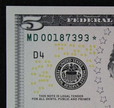 $5 2013 GEM CU Star Federal Reserve Note MD00187393* SINGLE RUN ISSUE 320K print