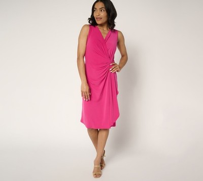 Susan Graver Petite Liquid Knit Faux Wrap Cascade Dress Bright Fuchsia L New