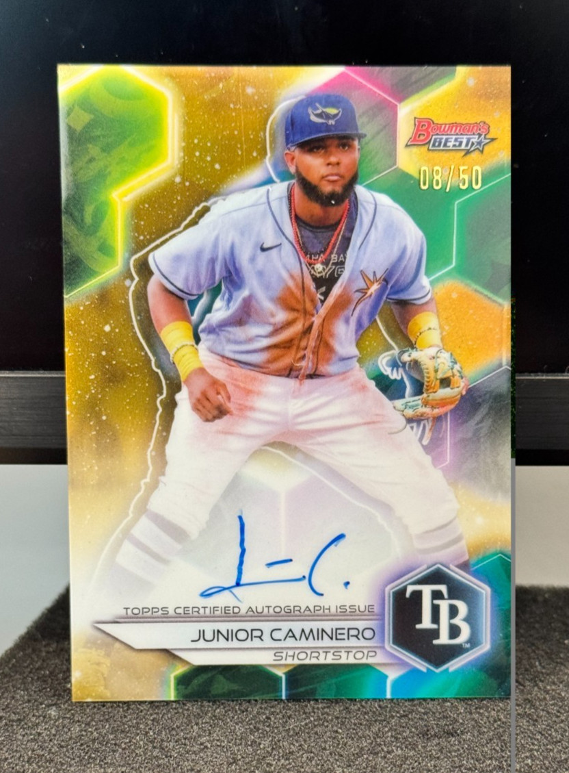 JUNIOR CAMINERO #8/50 SP RC AUTO! 2023 Bowman's Best True Gold RAYS ON-CARD AUTO