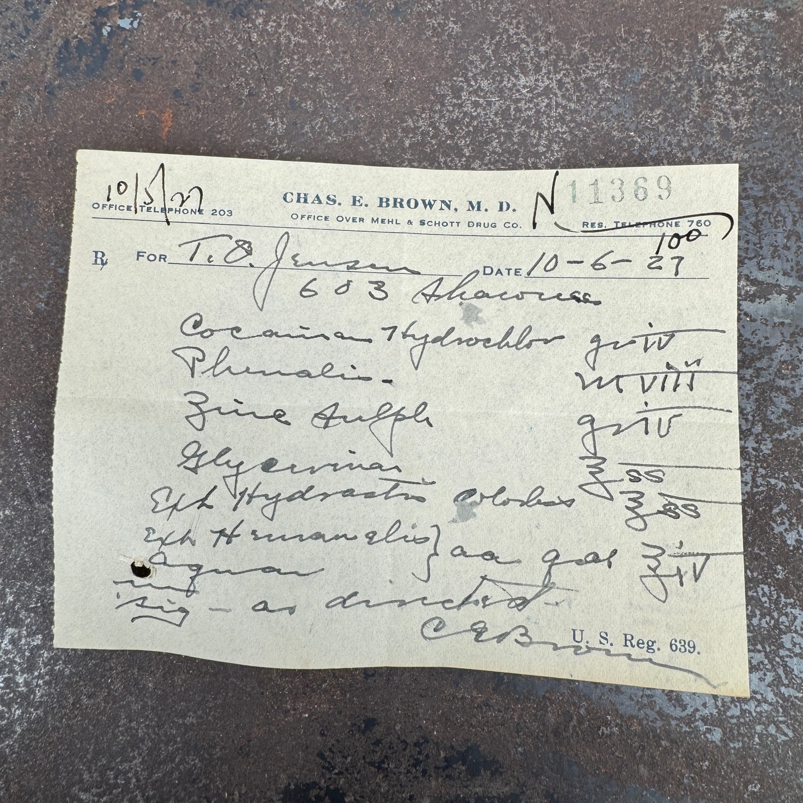 CHAS. E. BROWN, M.D. Kansas Handwritten COCAINE Prescription 1927