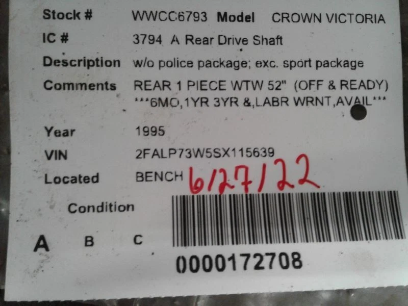 Rear Drive Shaft Excluding Sport Package Fits 95-97 CROWN VICTORIA 1579067 - Image 4 of 4