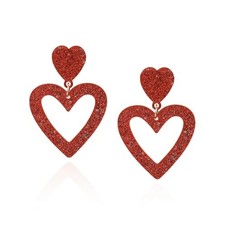 Glitter Heart Earrings - Acrylic Double Heart Dangle Earrings for Women, RED