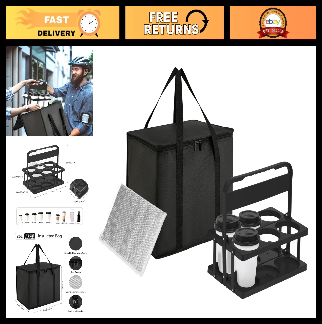 Insulated 6 Cup Drink Carrier with Handle - Portable Food Delivery Bag & Cooler