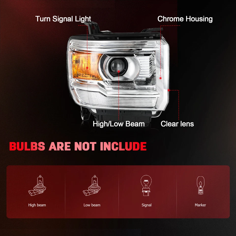 2 件车头灯适用于 2014 - 2015 年 GMC Sierra 1500 2015 - 2019 2500HD 3500HD 左 + 右 — 第 2/4 张图片