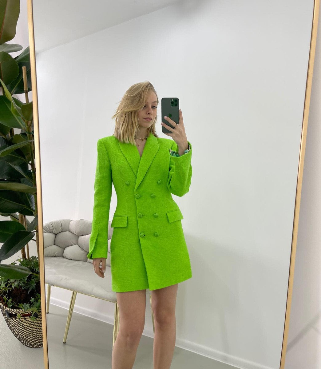 A166 ZARA LIME BLAZER DRESS GREEN NEON TWEED TEXTURED JACKET