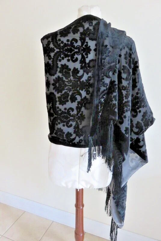 Echo Womans Floral Wrap Shawl Silk Scarf 80" x 20" Black Satin Textured/Sheer Fr - Image 2 of 4