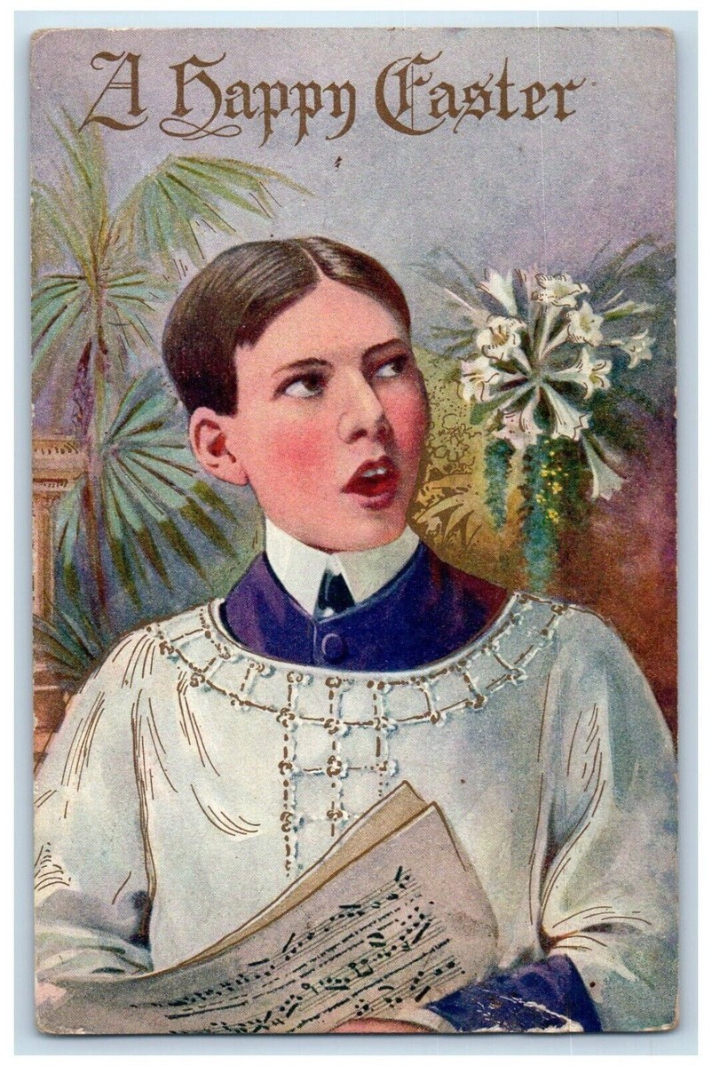 c1910's Happy Easter Boy Carol Lilies Flowers Unposted Antique
