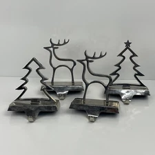 4 Christmas Stocking Hanger Holders Chrome Silver Tree Reindeer Weighted Heavy