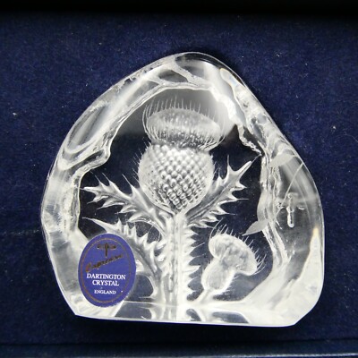Dartington Crystal Thistle Paperweight Capredoni Etched 2.5x2.25 inch New in Box