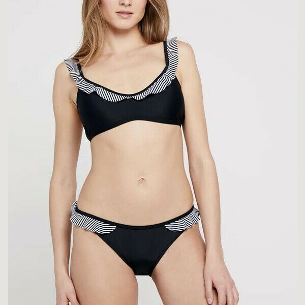 ZOGGS BIKINI PADDED CUPS POOL SWIMMING BLACK WHITE FRILL RUFFLE STRIPE SIZE 12