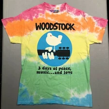 Woodstock Liquid Blue Rainbow Tie Dye size M Medium T Shirt Classic Rock Tee
