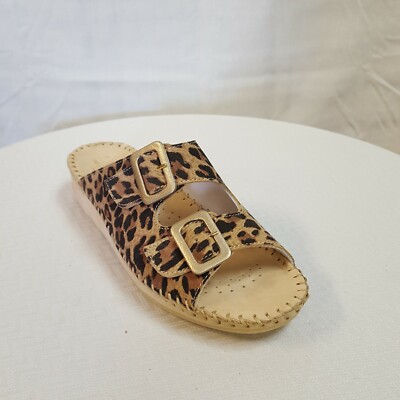 La Plume Jenn Double Strap Sand Leopard Print Leather wedge Slide EUR 40, US 9
