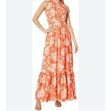 Vince Camuto Sz 2 Twisted Sleeveless Maxi Ruffle Orange Floral Dress event