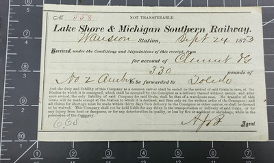 Vintage 1873 Lake Shore & Michigan Southern Railway Freight Receipt