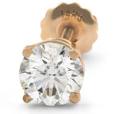 1 ct Single Natural Round Brilliant Cut Diamond Stud Screw Back 14k Yellow Gold