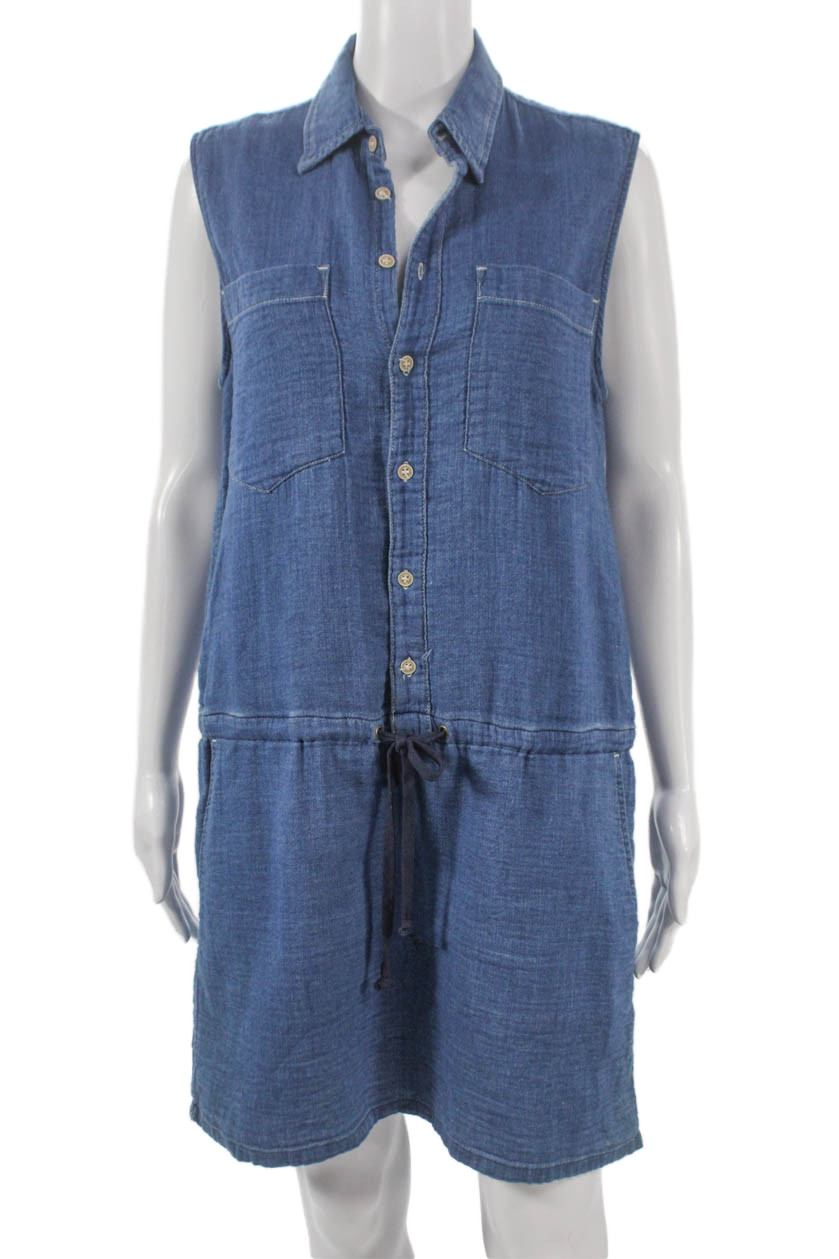 Mother Women Shirt Dress Blue Cotton Collared Sleeveless Button Short Size MFree Shipping in US $100+ Orders | $6.95 Orders Below