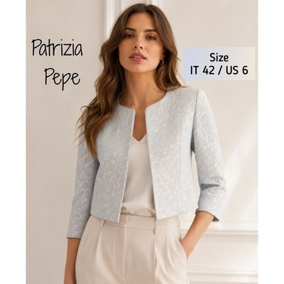 Patrizia Pepe Floral Jacquard Cropped Jacket - Blue/Gold Size 6US/ 42IT