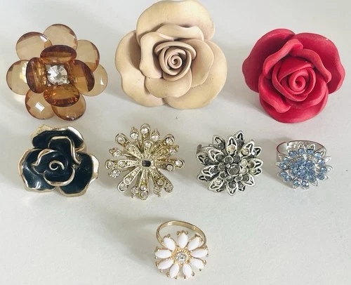 Vintage & Modern Bulk Lot Of Flower Statement Rings Chunky Costume Jewellery
