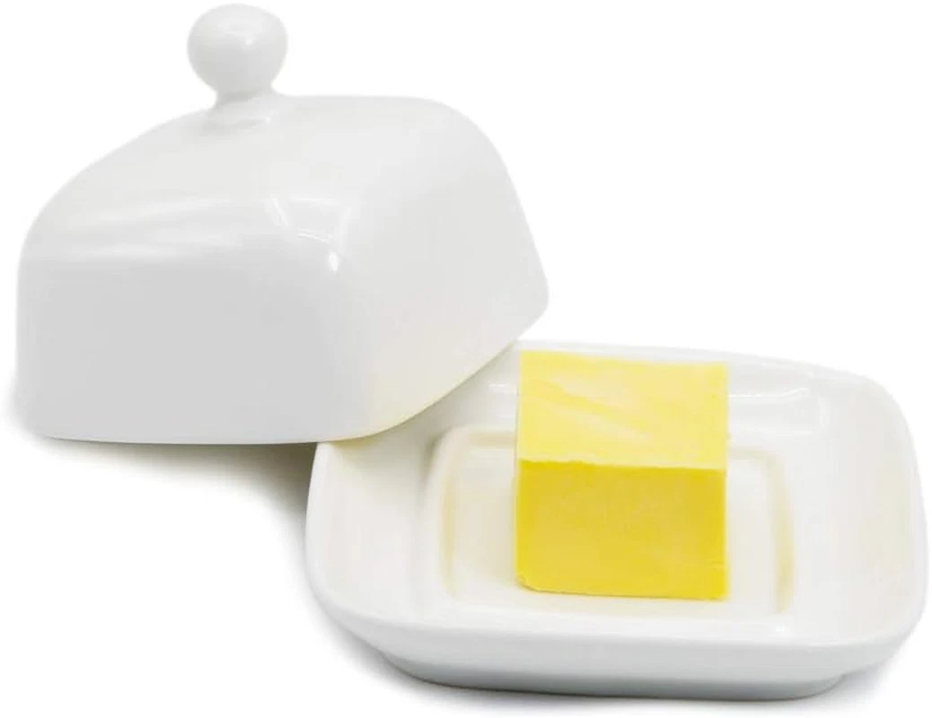 NAGU Mini Square Butter Dish with Lid, White Procelain Domed Cheese Dish with Ha