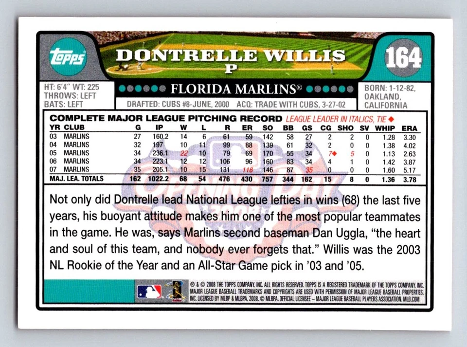 2008 Topps Opening Day #164 Dontrelle Willis Florida Marlins - Image 2 of 2