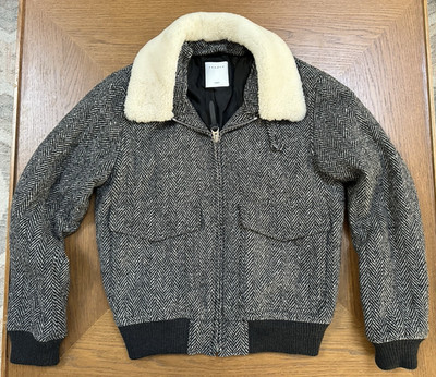 Sandro Paris Men s Shearling Aviator Jacket Grey Wool Herringbone Tweed SMALL