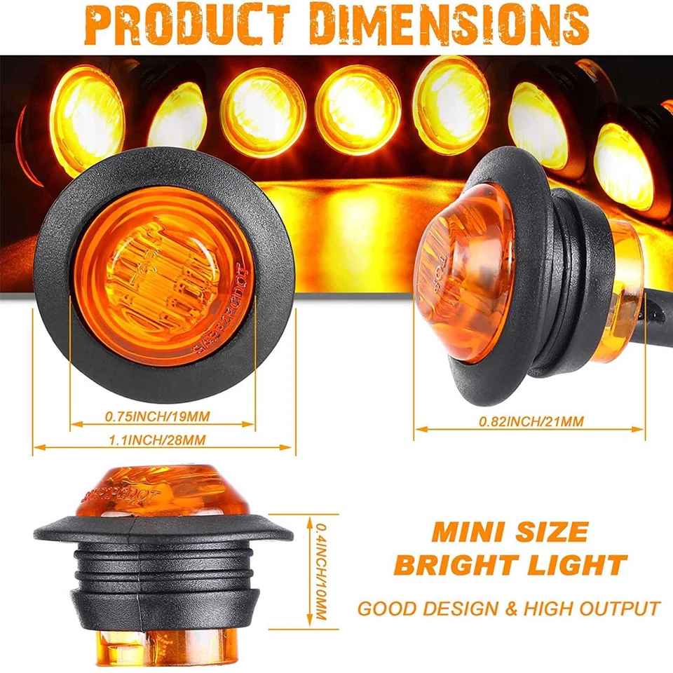 3/4" 12V Marker Lights LED Round Side Bullet Light Truck Trailer Amber Red Lamps Foto 4 de 4