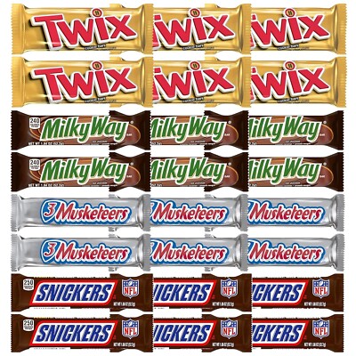 SNICKERS,TWIX MILKY WAY 3 MUSKETEERS Full Size Candy Bars Variety Pack 24 Count
