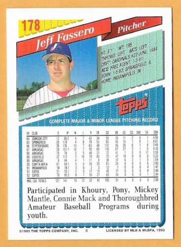 JEFF FASSERO MONTREAL EXPOS #178 - TOPPS NM-MT 1993 - Picture 2 of 2