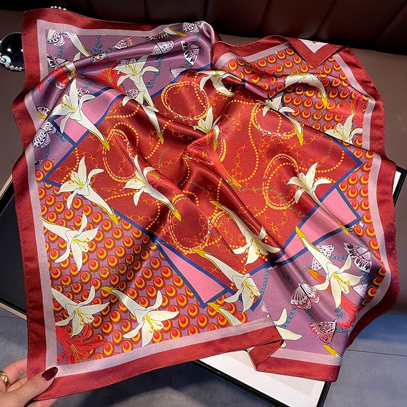 100% Mulberry Silk Square Scarf Women Neckerchief Wrap Red Morning Glory 68*68cm