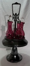 Cruet  Condiment Caddy Set Cranberry Ruby Pairpoint Silverplate Antique